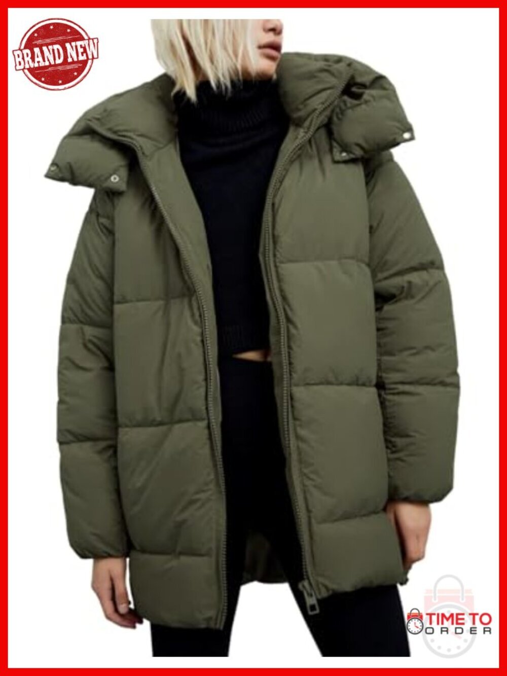 Womens Quilted Puffer Coat Hoodie Oversized Mid-Length Padded Down Jacket Warm